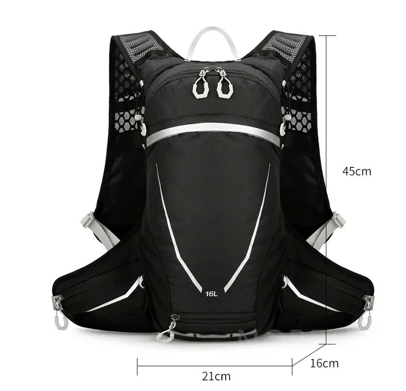 Black Lightweight 16L Outdoor Cycling & Hiking Backpack - Water-Repellent Nylon Daypack with Reflective Strips